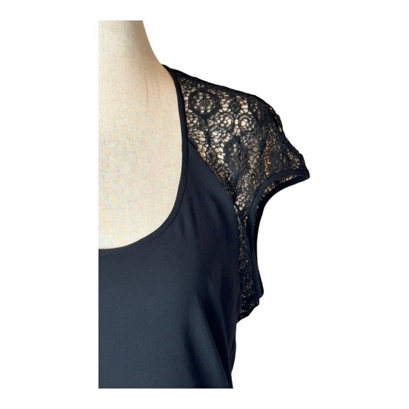 Helmut Lang Black Puckered Lace Detail Scoop Neck Short Cap Sleeve‎ Top Size M - Picture 6 of 10